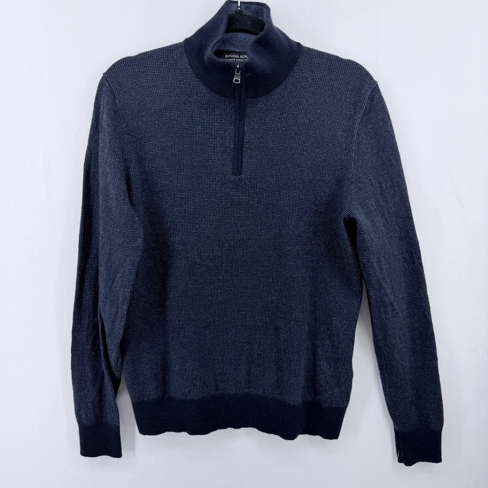 Banana Republic Mens Italian Merino Baruffa Quarter Zip Sweater Navy Blue Medium